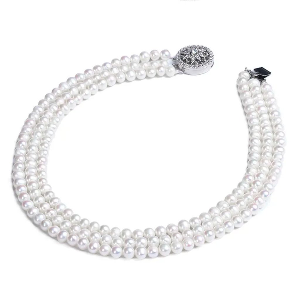Bridal 3 Row Strand Fine Pearl Necklace - Natural Fresh Pearl - High Quality